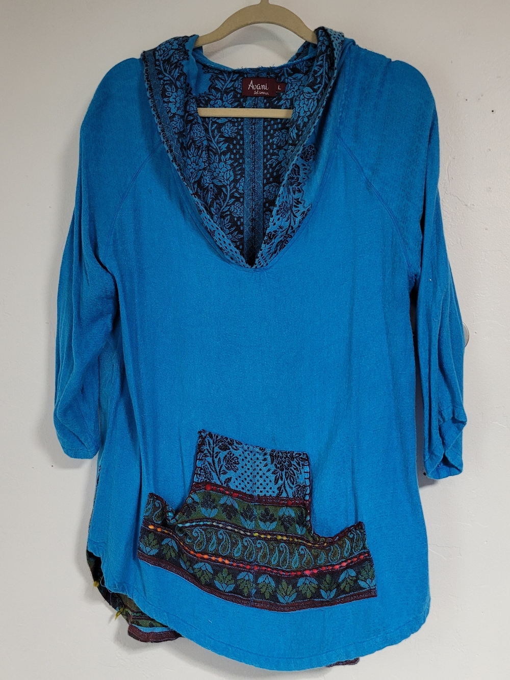 Blue Women's Hooded Peasant Top with Patchwork Pocket
